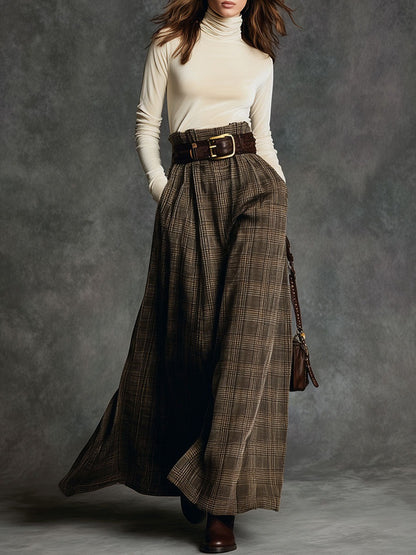 Vintage Turtleneck Velvet Top And Plaid Skirt Set