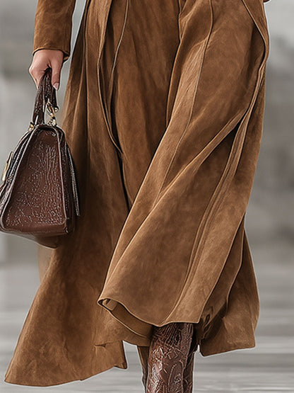 Vintage Caramel Brown Turtleneck Faux Suede Maxi Dress