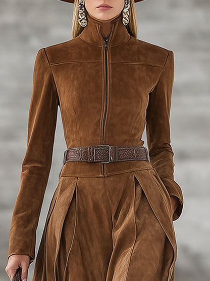 Vintage Caramel Brown Turtleneck Faux Suede Maxi Dress