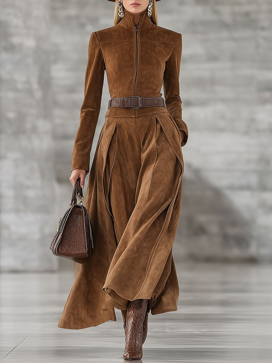 Vintage Caramel Brown Turtleneck Faux Suede Maxi Dress