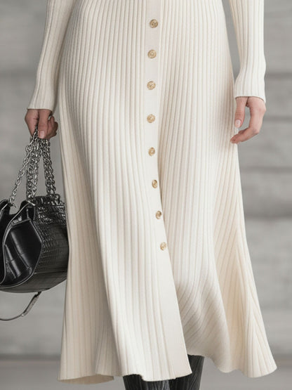 Fashionable Loose Beige Lapel Button Knitted Midi Dress