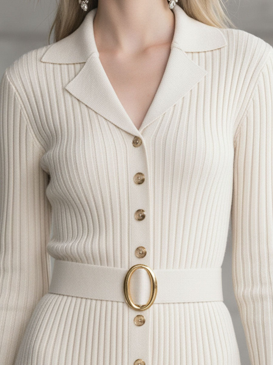 Fashionable Loose Beige Lapel Button Knitted Midi Dress