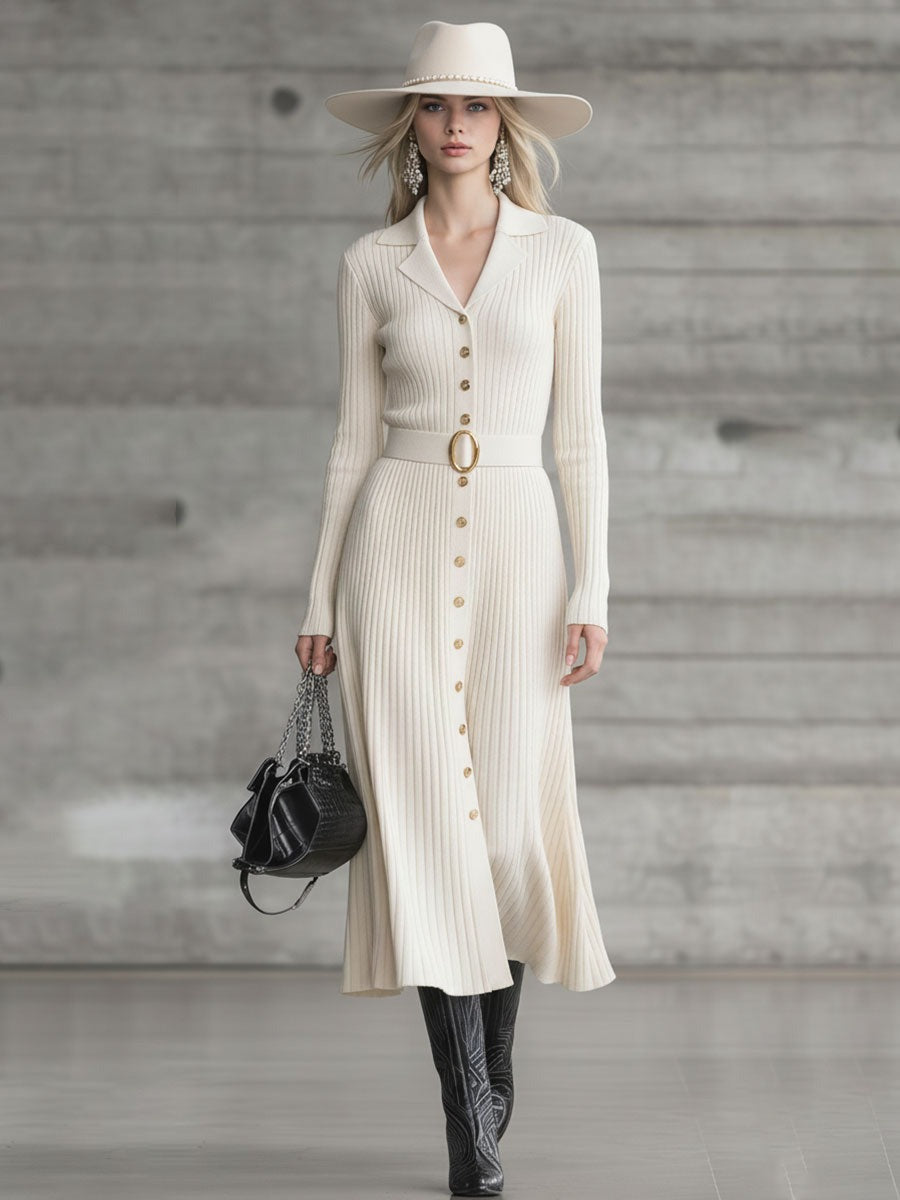 Fashionable Loose Beige Lapel Button Knitted Midi Dress