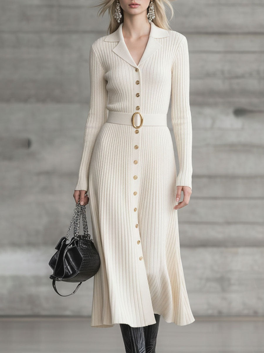 Fashionable Loose Beige Lapel Button Knitted Midi Dress