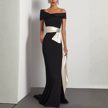 Elegant Evening Dress Black Off-The-Shoulder White Waistband Maxi Dress