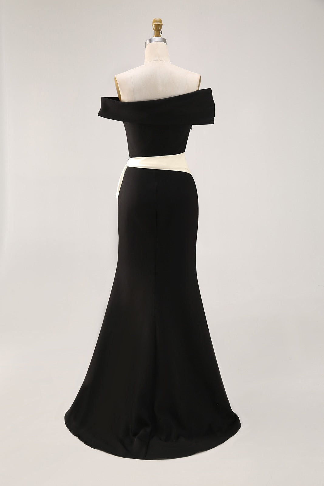Elegant Evening Dress Black Off-The-Shoulder White Waistband Maxi Dress