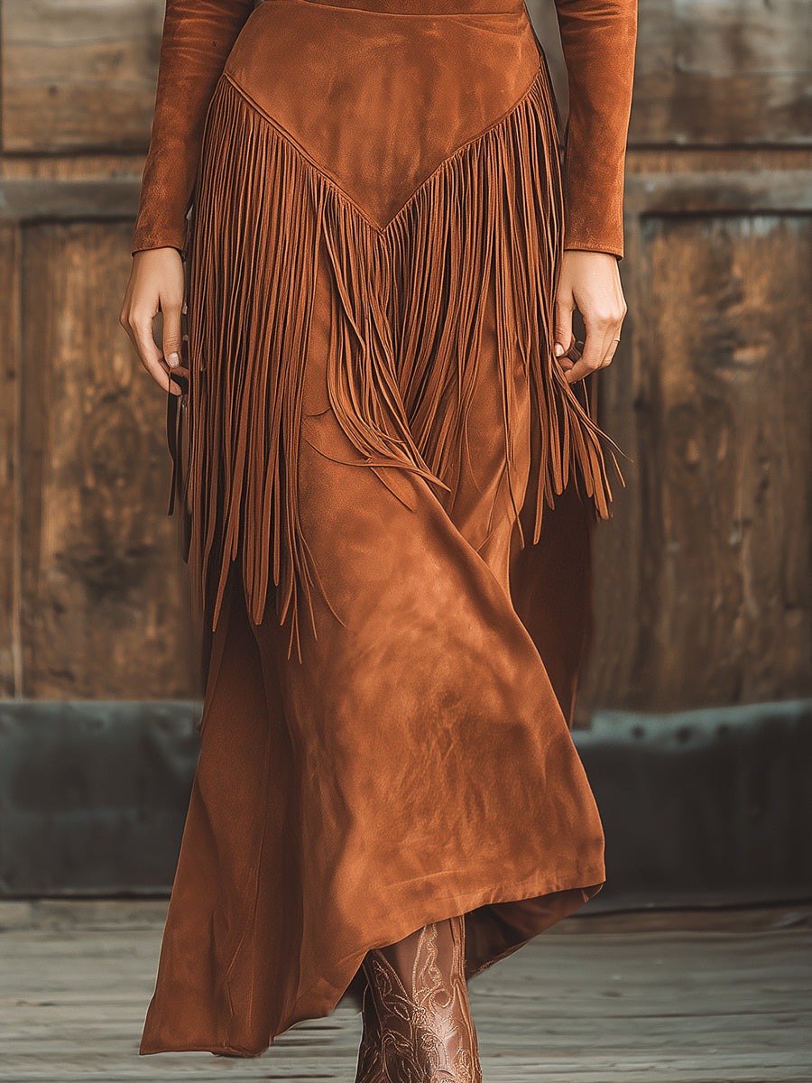 Fashionable Western-Style Tassel Embroidered V-Neck Brown Faux Suede Maxi Dress
