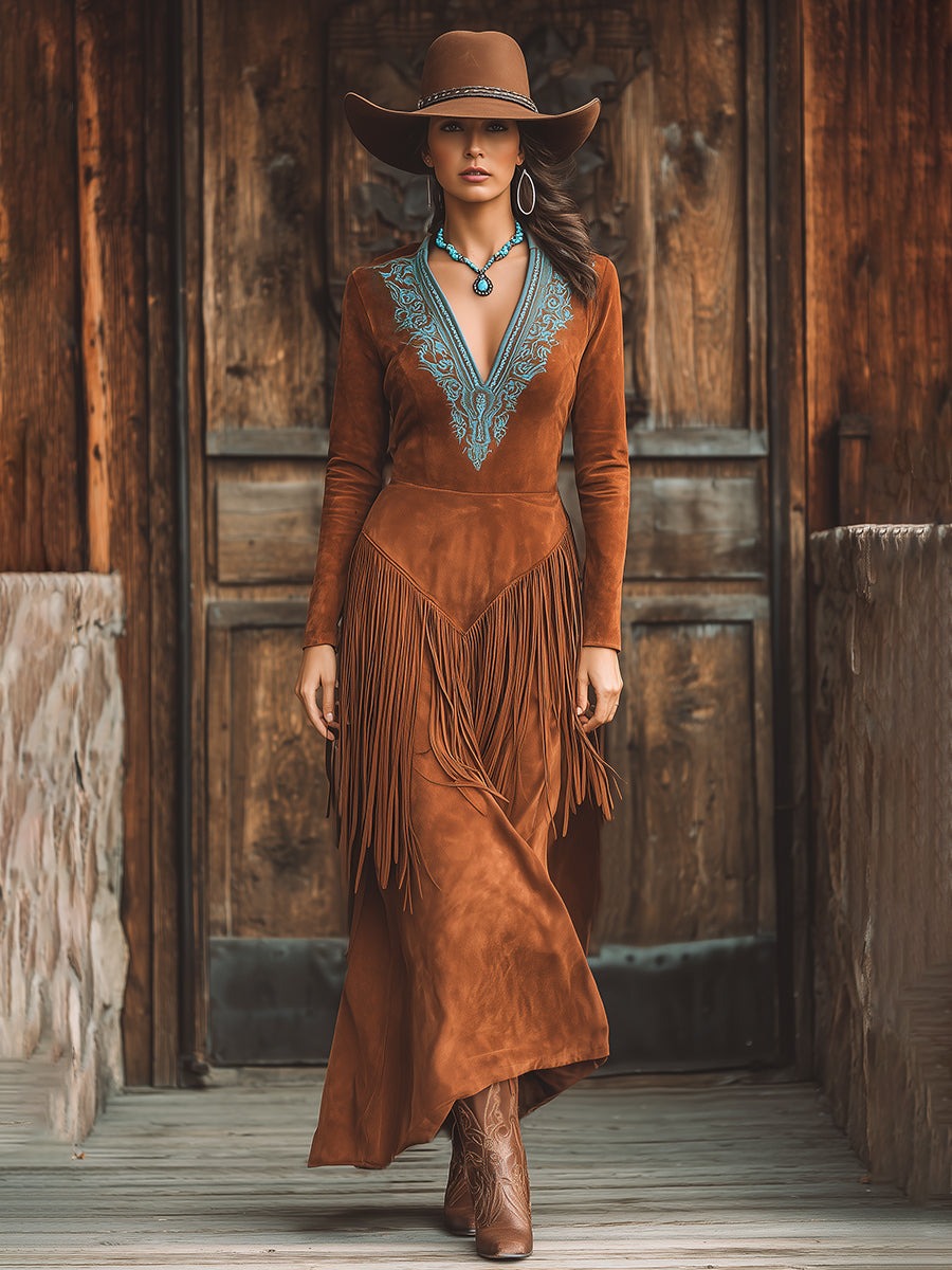 Fashionable Western-Style Tassel Embroidered V-Neck Brown Faux Suede Maxi Dress