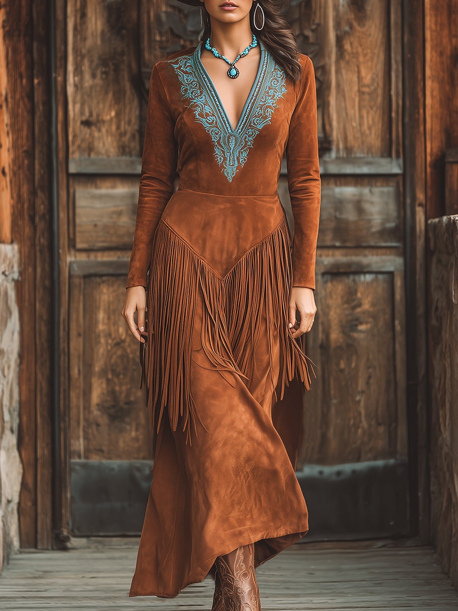 Fashionable Western-Style Tassel Embroidered V-Neck Brown Faux Suede Maxi Dress