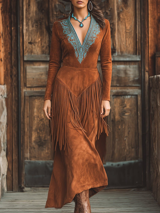 Fashionable Western-Style Tassel Embroidered V-Neck Brown Faux Suede Maxi Dress
