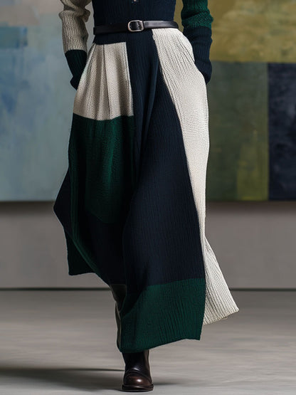 Fashion Retro Lace-up Half-zip Color Block Knitted Maxi Dress