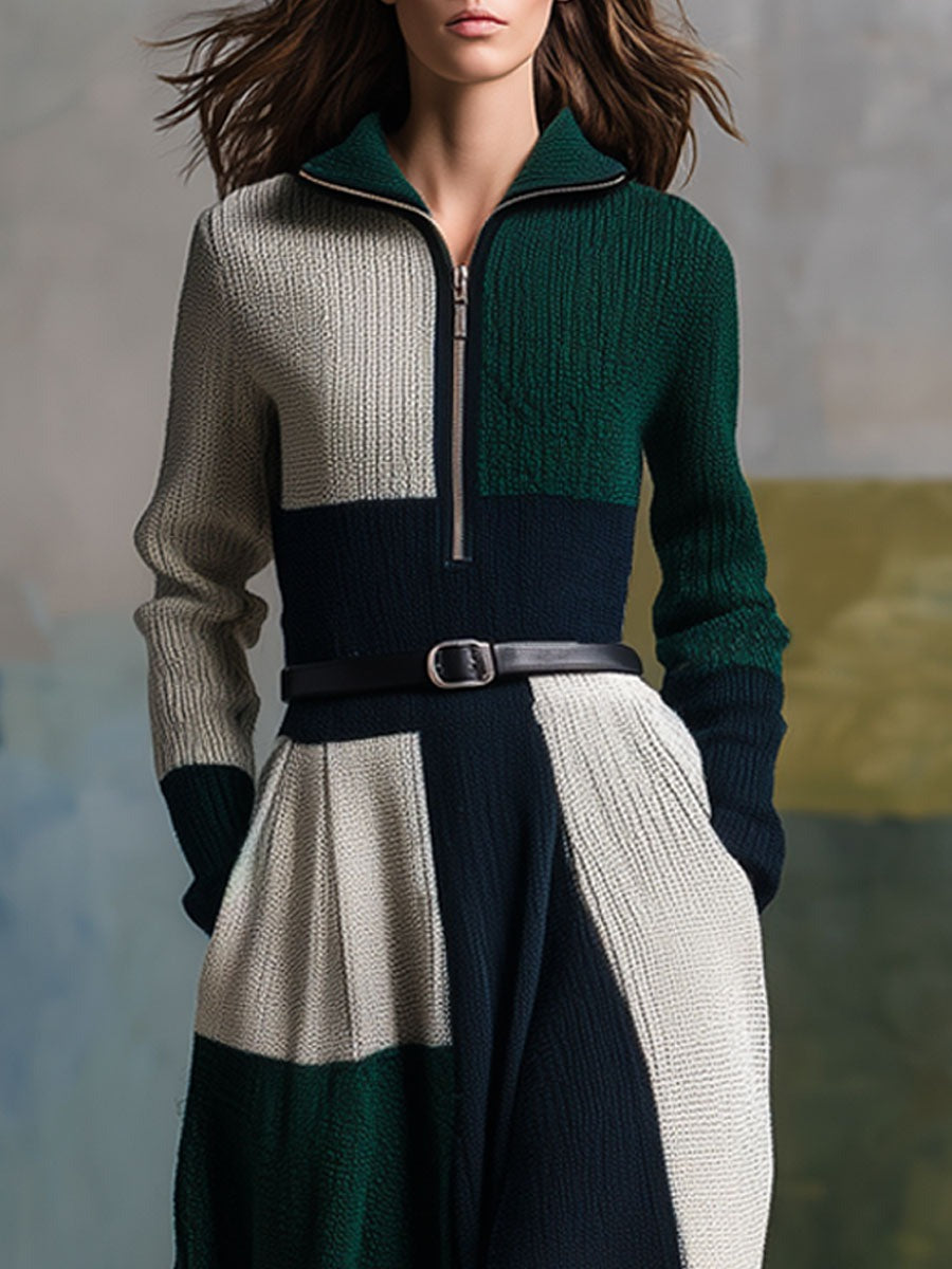 Fashion Retro Lace-up Half-zip Color Block Knitted Maxi Dress