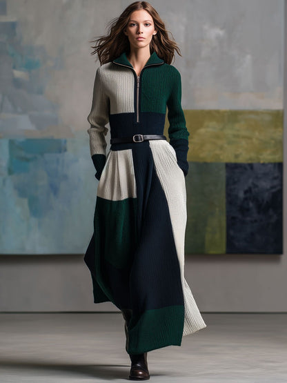 Fashion Retro Lace-up Half-zip Color Block Knitted Maxi Dress