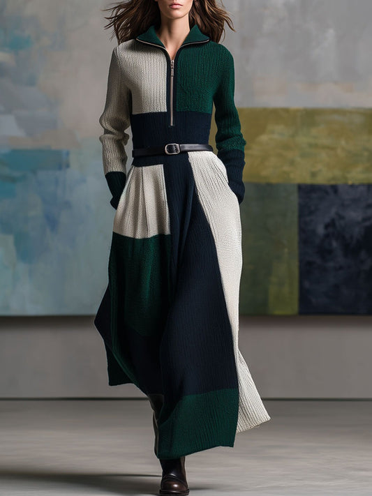 Fashion Retro Lace-up Half-zip Color Block Knitted Maxi Dress