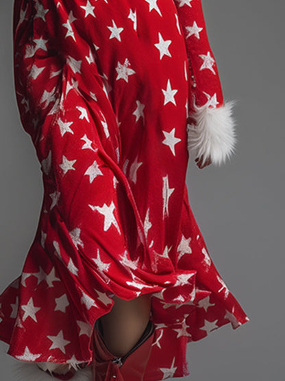 Fashionable Review Faux Fur Trim V-neck Star Print Red Sweatshirt Maxi Dress
