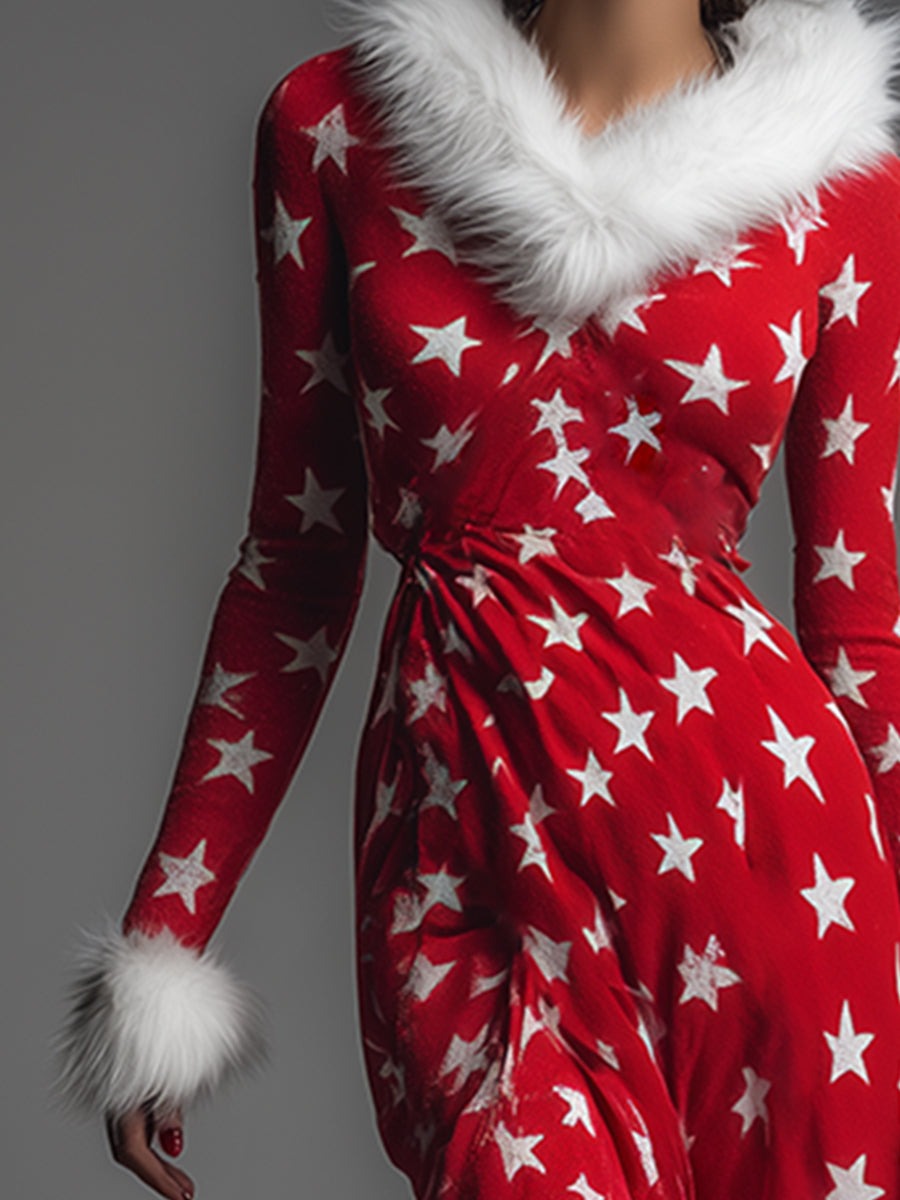 Fashionable Review Faux Fur Trim V-neck Star Print Red Sweatshirt Maxi Dress