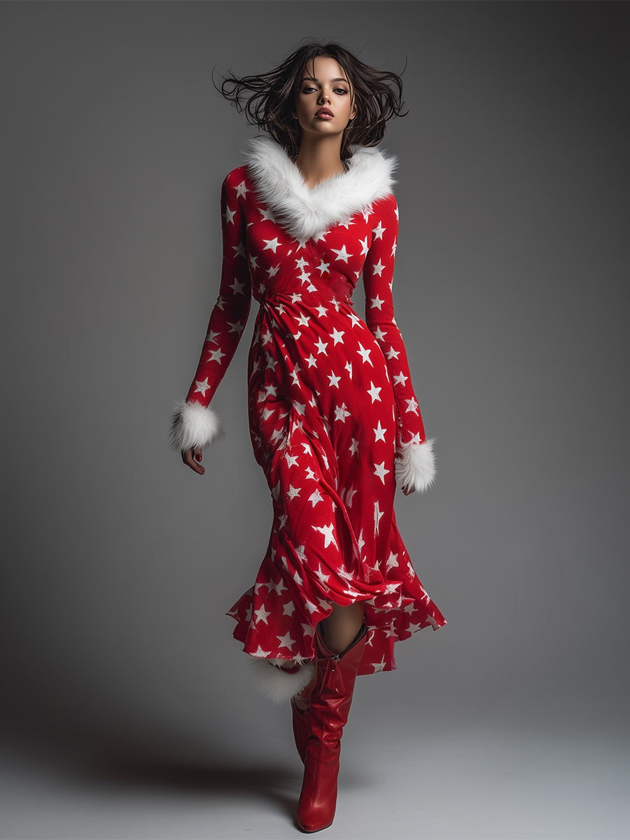 Fashionable Review Faux Fur Trim V-neck Star Print Red Sweatshirt Maxi Dress