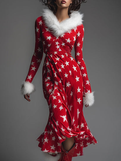 Fashionable Review Faux Fur Trim V-neck Star Print Red Sweatshirt Maxi Dress