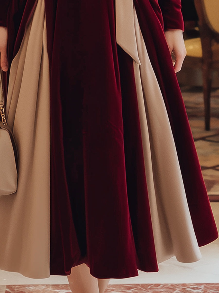 Elegant Red Velvet Stitching Gold Square Neck Bow Maxi Dress