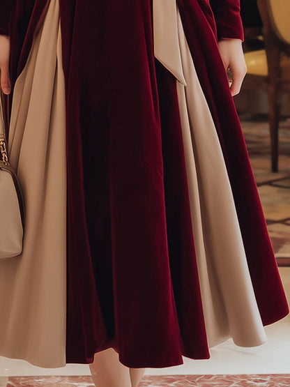 Elegant Red Velvet Stitching Gold Square Neck Bow Maxi Dress