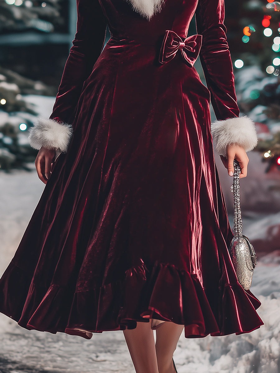 Elegant And Romantic White Faux Fur V-Neck Red Velvet Midi Dress