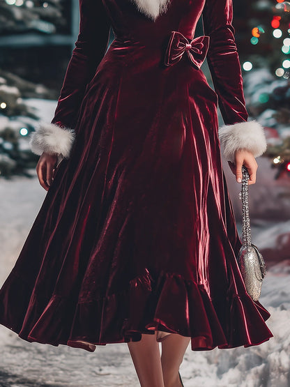 Elegant And Romantic White Faux Fur V-Neck Red Velvet Midi Dress