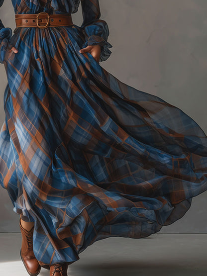 Fashion Retro V-neck Ruffled Blue And Brown Plaid Chiffon Maxi Dress