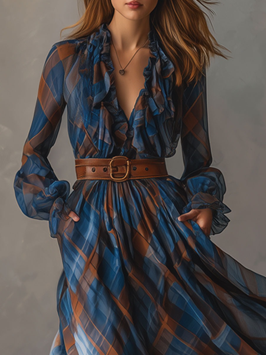 Fashion Retro V-neck Ruffled Blue And Brown Plaid Chiffon Maxi Dress