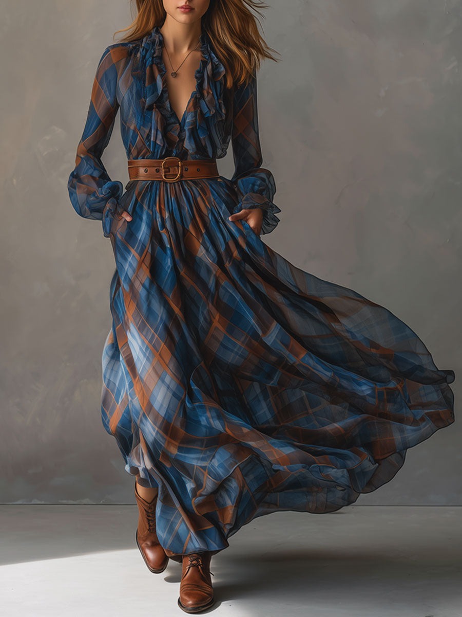 Fashion Retro V-neck Ruffled Blue And Brown Plaid Chiffon Maxi Dress