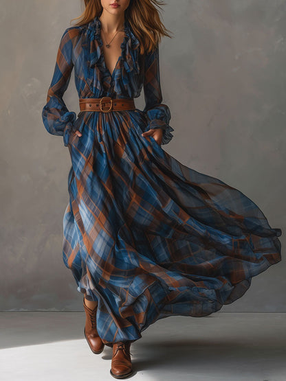 Fashion Retro V-neck Ruffled Blue And Brown Plaid Chiffon Maxi Dress