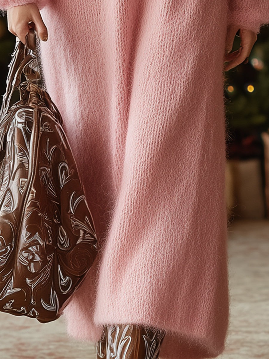 Pink High-elastic Mohair V-neck With Snowflake Elements On The Chest Maxi Dress