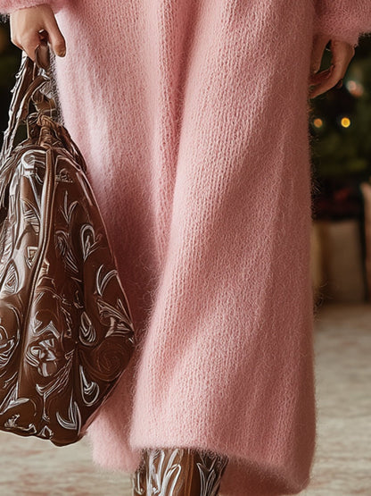 Pink High-elastic Mohair V-neck With Snowflake Elements On The Chest Maxi Dress