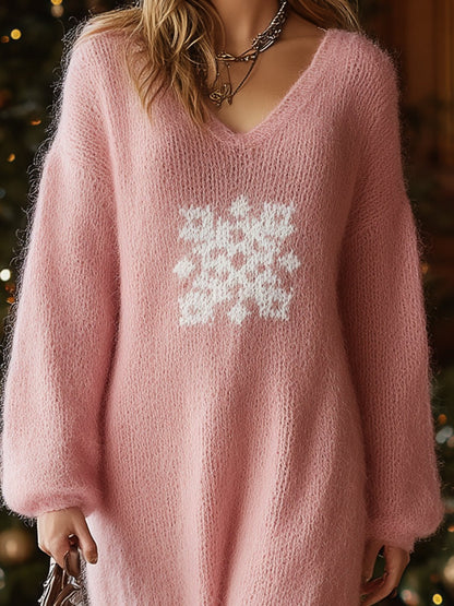 Pink High-elastic Mohair V-neck With Snowflake Elements On The Chest Maxi Dress