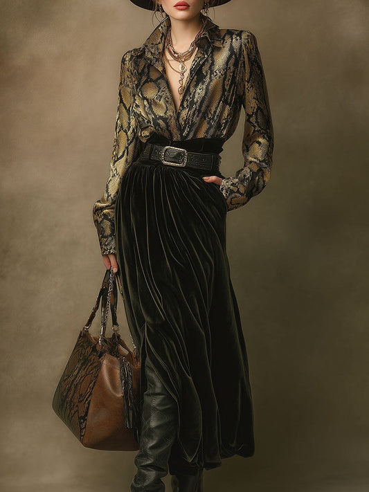 Retro Western Style Snake Print Satin Shirt Green Velvet Skirt Set