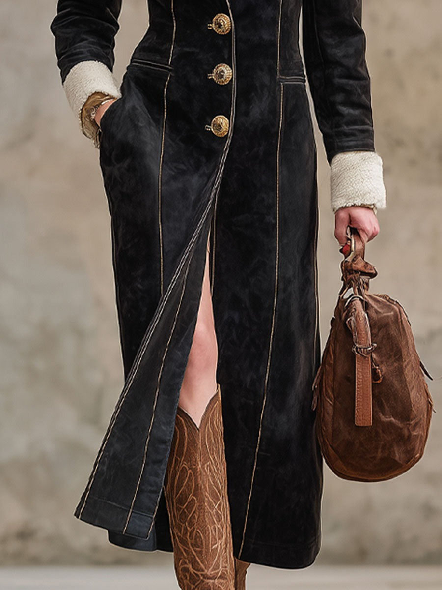 Western Style Sherpa Collar Single-breasted Faux Suede Coat