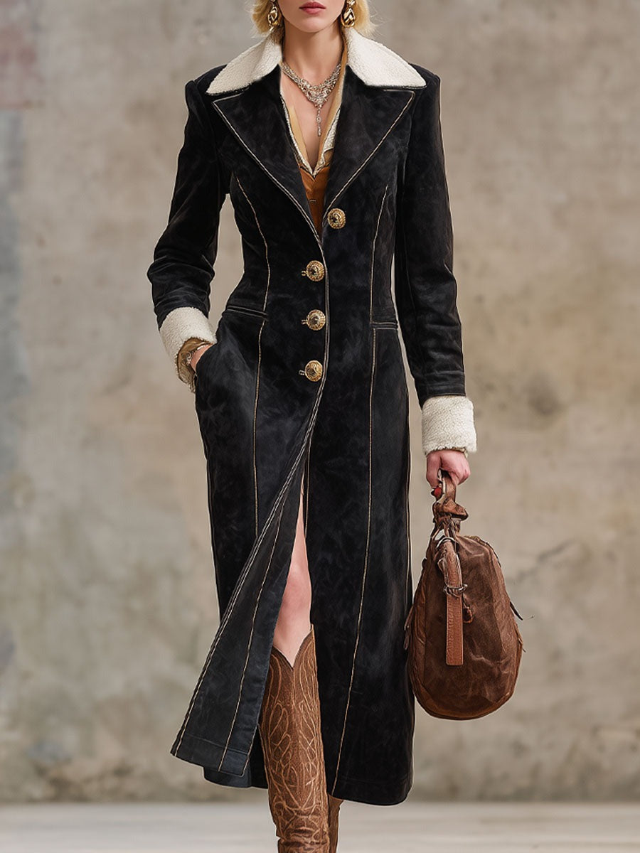 Western Style Sherpa Collar Single-breasted Faux Suede Coat