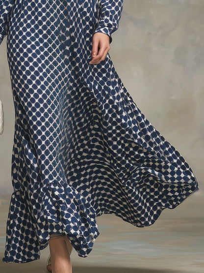 Return Blue Polka Dot Textured V-neck Thick Chiffon Maxi Dress