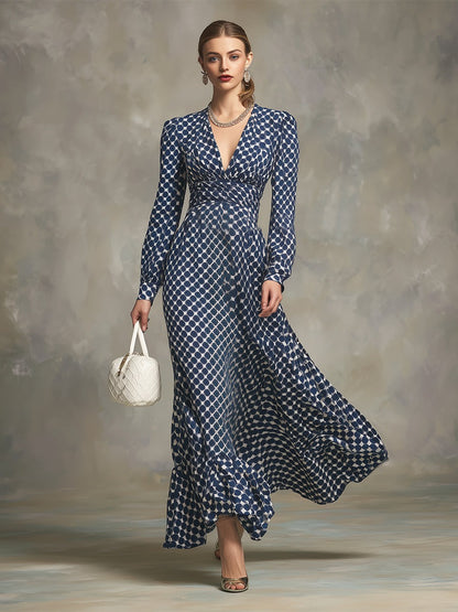Return Blue Polka Dot Textured V-neck Thick Chiffon Maxi Dress