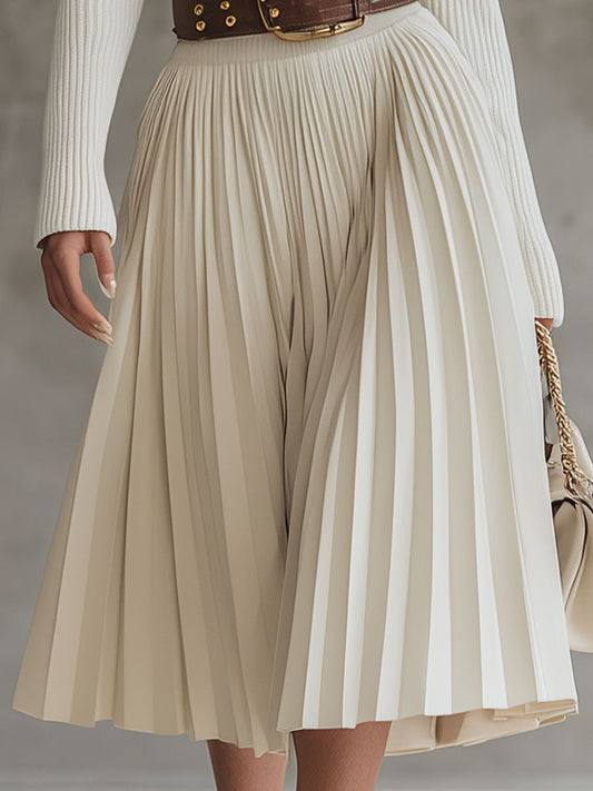 Casual And Comfortable Cream White Knitted Cotton Pleated Hem Midi Dress