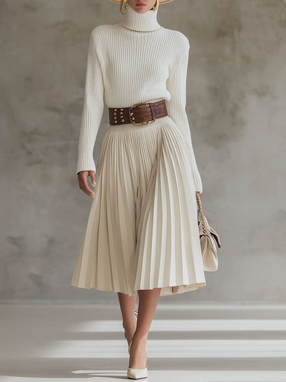Casual And Comfortable Cream White Knitted Cotton Pleated Hem Midi Dress