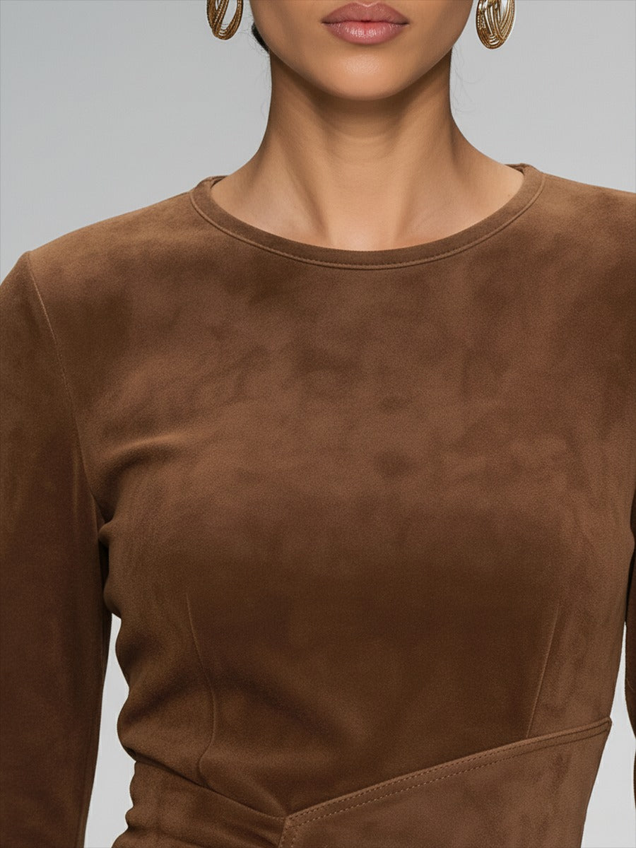 Vintage Round Neck Long Sleeve Tassel Faux Suede Dress