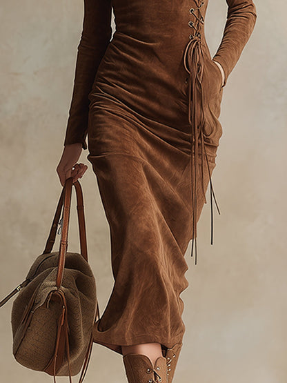 Vintage Western Turtleneck Brown Faux Suede Lace-Up Midi Dress
