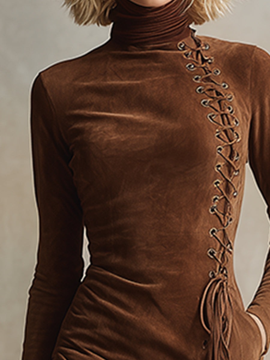 Vintage Western Turtleneck Brown Faux Suede Lace-Up Midi Dress