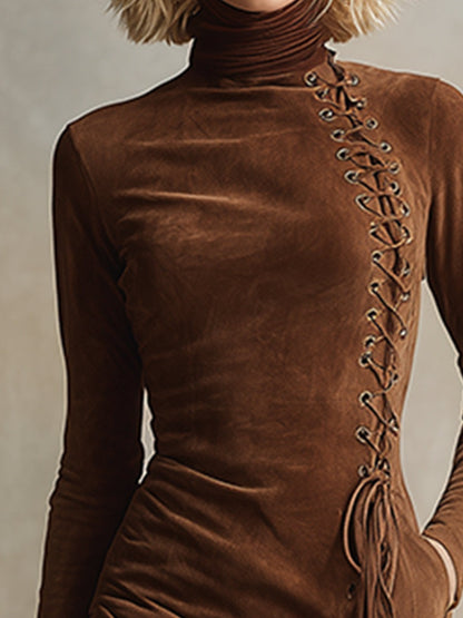 Vintage Western Turtleneck Brown Faux Suede Lace-Up Midi Dress