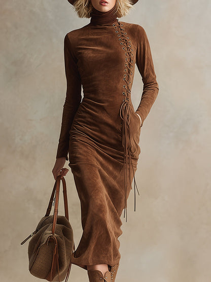 Vintage Western Turtleneck Brown Faux Suede Lace-Up Midi Dress