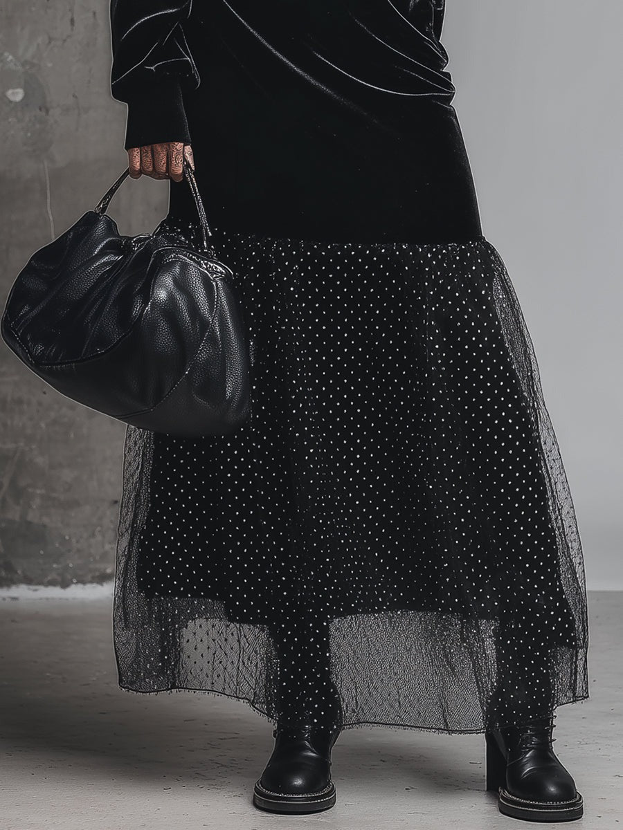 Elegant Loose Half-high Collar Polka Dot Mesh Hem Black Velvet Maxi Dress