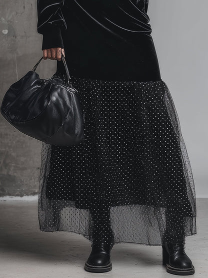 Elegant Loose Half-high Collar Polka Dot Mesh Hem Black Velvet Maxi Dress
