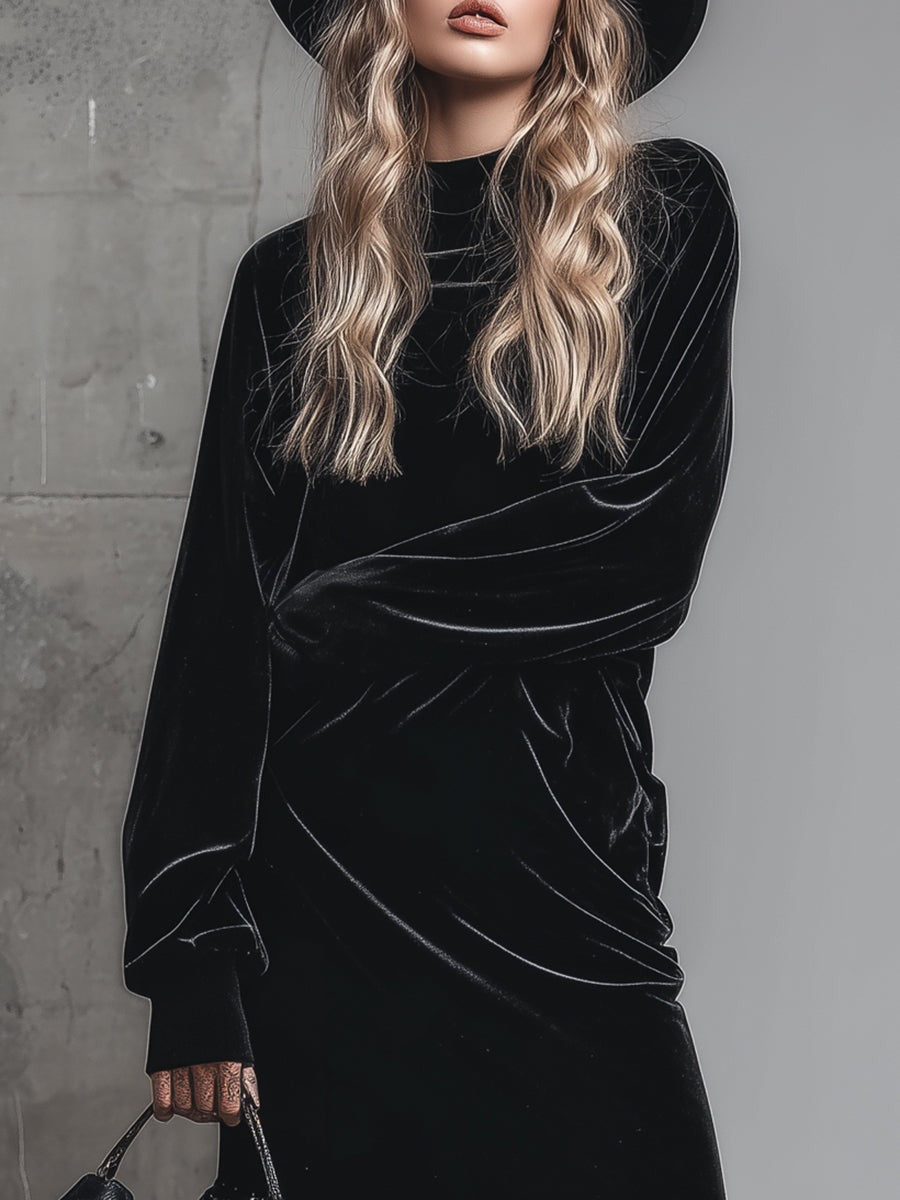 Elegant Loose Half-high Collar Polka Dot Mesh Hem Black Velvet Maxi Dress