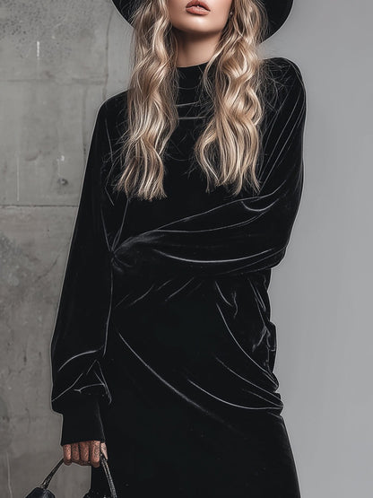 Elegant Loose Half-high Collar Polka Dot Mesh Hem Black Velvet Maxi Dress