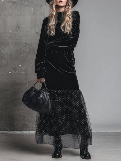 Elegant Loose Half-high Collar Polka Dot Mesh Hem Black Velvet Maxi Dress